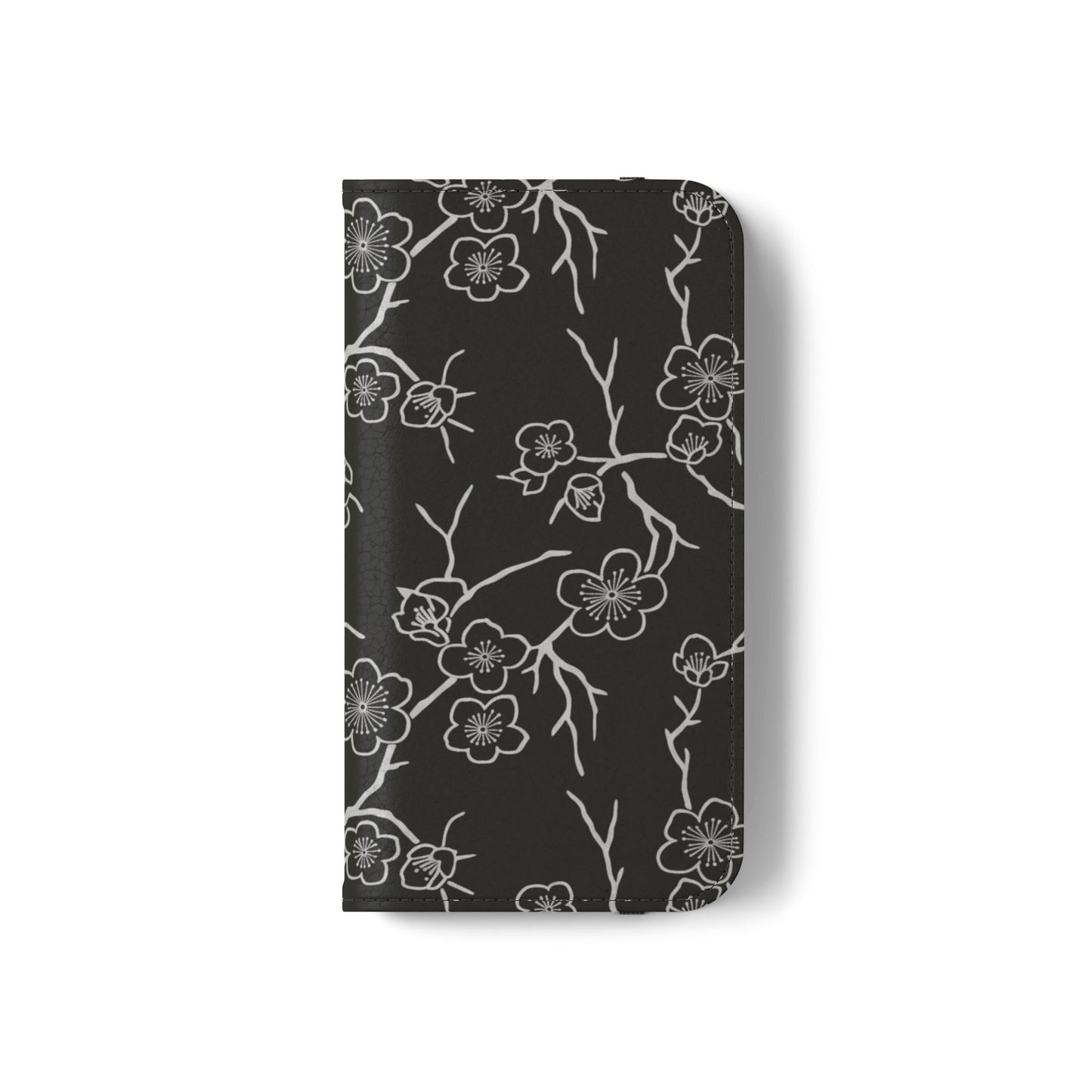 Black Cherry Blossom Flip Phone Case – Floral Wallet Flip Case with Card Slots
