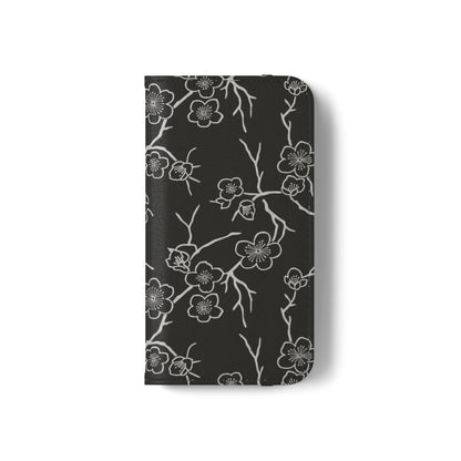 Black Cherry Blossom Flip Phone Case – Floral Wallet Flip Case with Card Slots