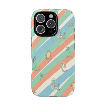 Retro Beach Stripes Phone Case — Sun, Waves & Palm Pattern Tough Case