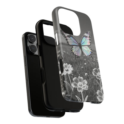 Butterfly Field Tough Phone Case — Pastel Holographic Butterfly on Black & White Floral Background