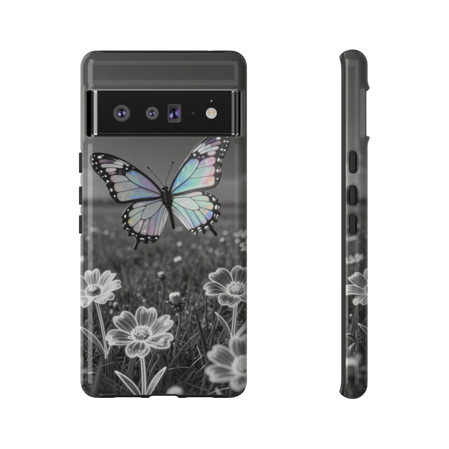 Butterfly Field Tough Phone Case — Pastel Holographic Butterfly on Black & White Floral Background