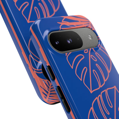 Tropical Monstera Phone Case — Blue & Coral Leaf Protective Cover