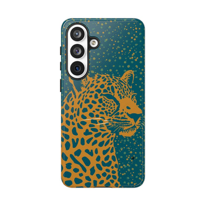 Leopard Print Tough Phone Case — Gold Panther on Teal, Protective iPhone Cover