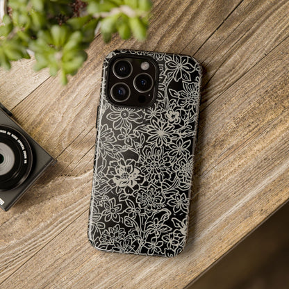 Floral Doodle Tough Phone Case — Black & White Sketch Flower Protective Cover