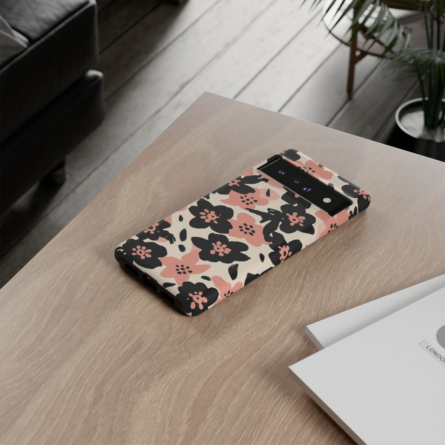 Floral Phone Case — Pink & Black Retro Blossom Protective Cover