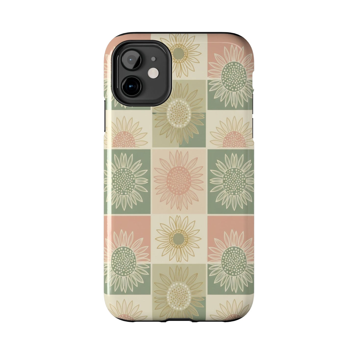 Sunflower Check iPhone Tough Phone Case — Retro Pastel Floral Protective Cover