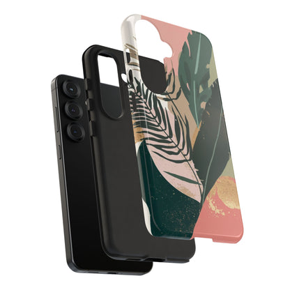 Tropical Leaf Tough Phone Case — Abstract Pink & Green Botanical Protective Cover