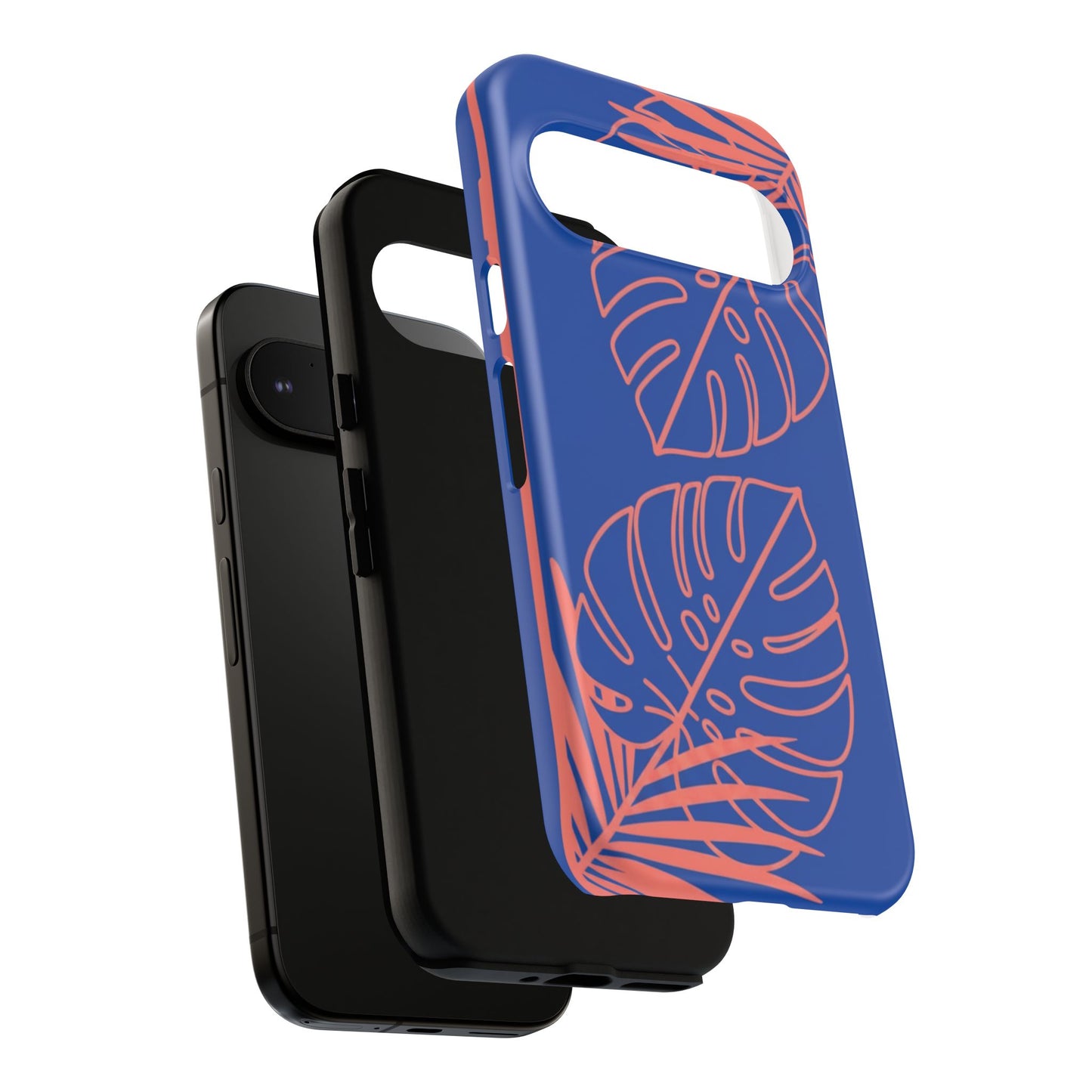 Tropical Monstera Phone Case — Blue & Coral Leaf Protective Cover