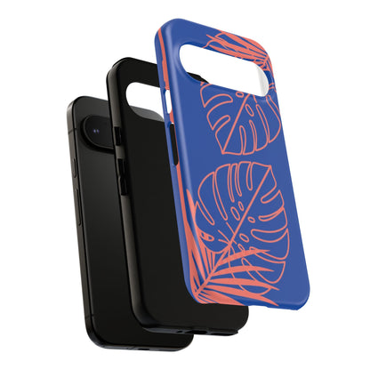 Tropical Monstera Phone Case — Blue & Coral Leaf Protective Cover
