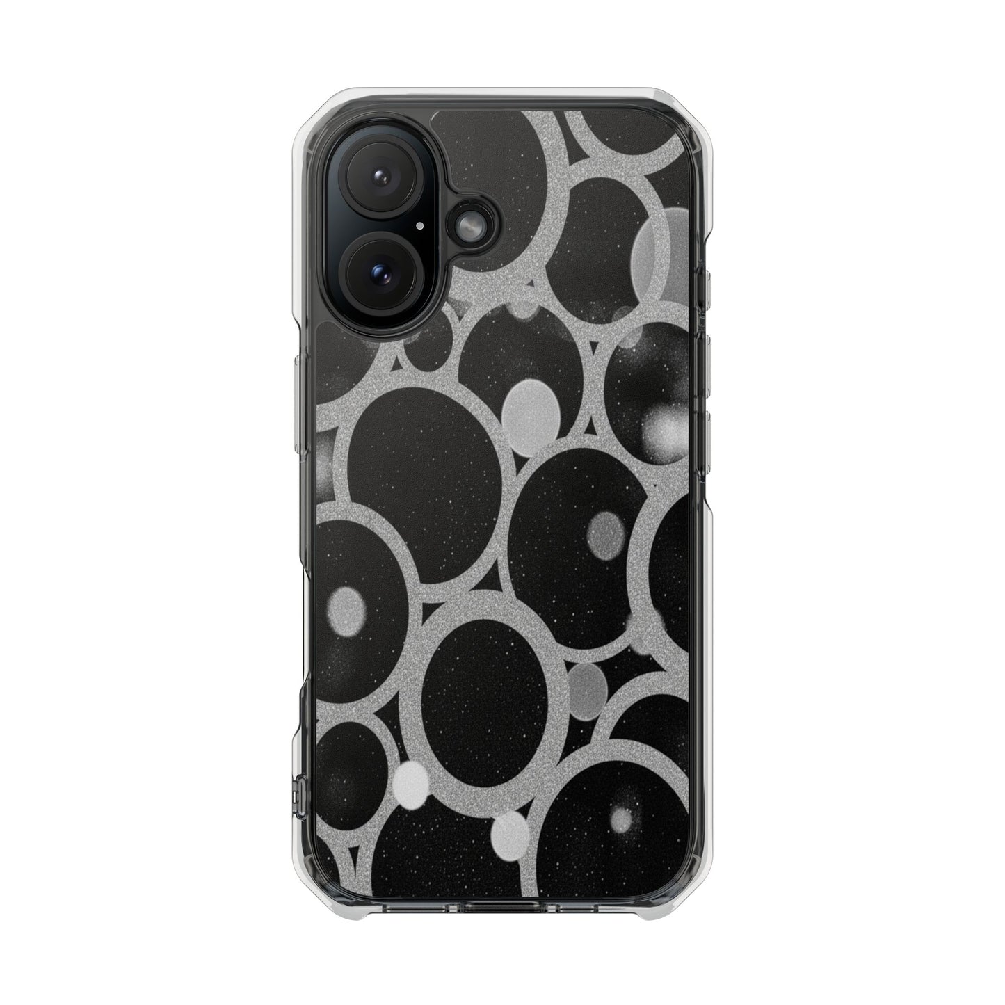 Magnetic Clear Phone Case — Abstract Black & Gray Bubble Design, Impact-Resistant