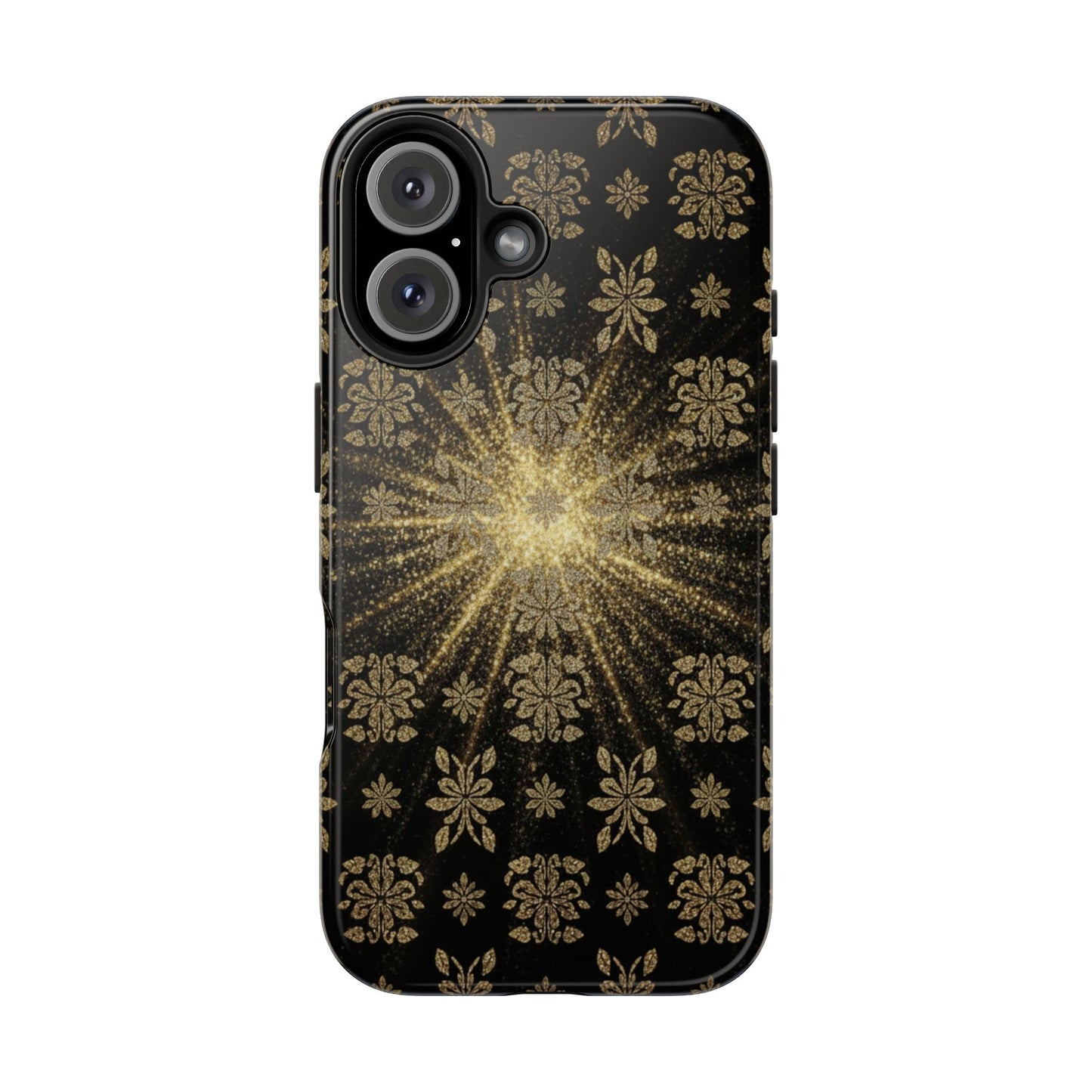 Glitter Burst Tough Phone Case — Black & Gold Floral Protective Cover