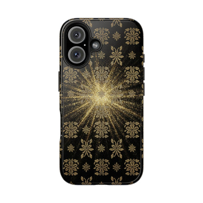 Glitter Burst Tough Phone Case — Black & Gold Floral Protective Cover