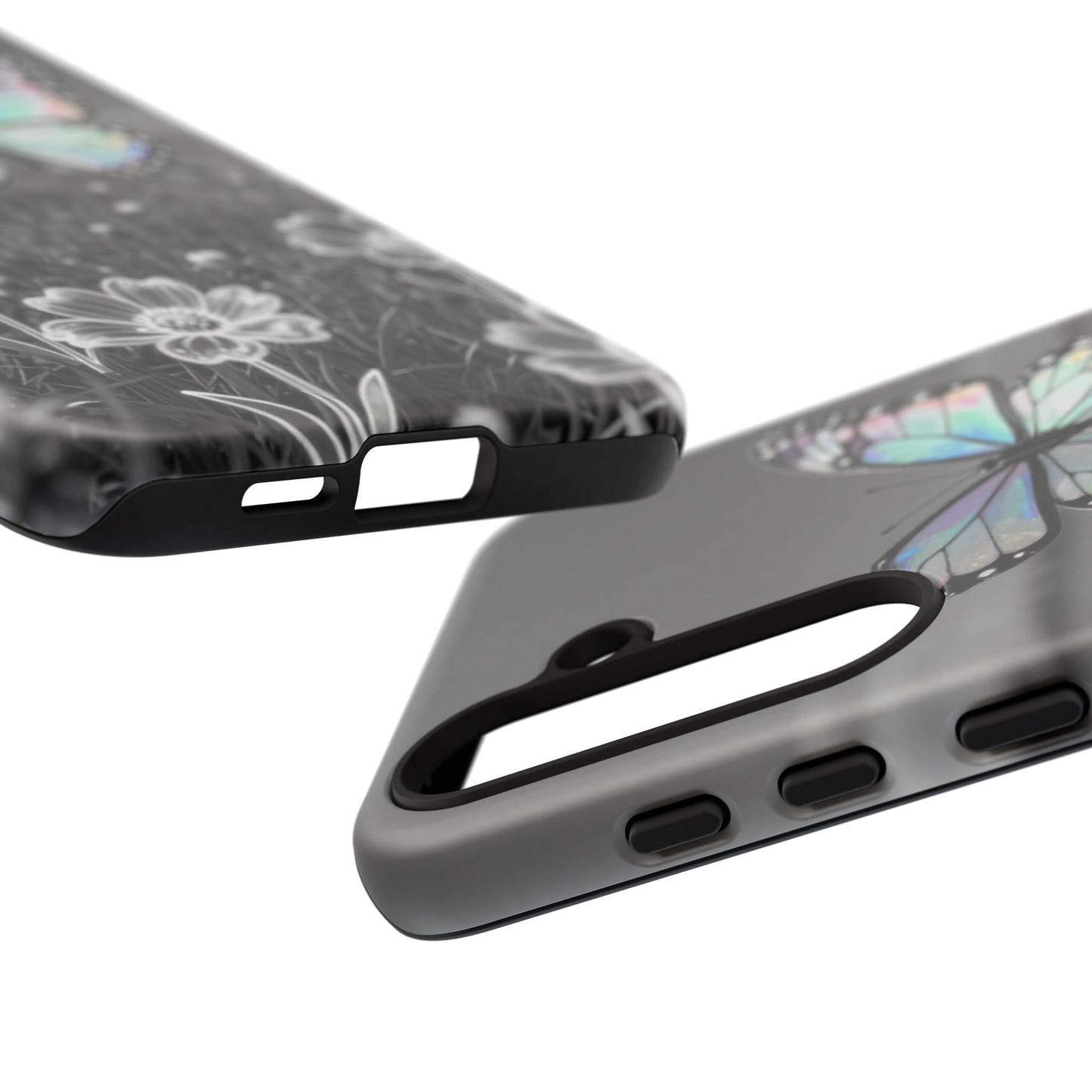 Butterfly Field Tough Phone Case — Pastel Holographic Butterfly on Black & White Floral Background