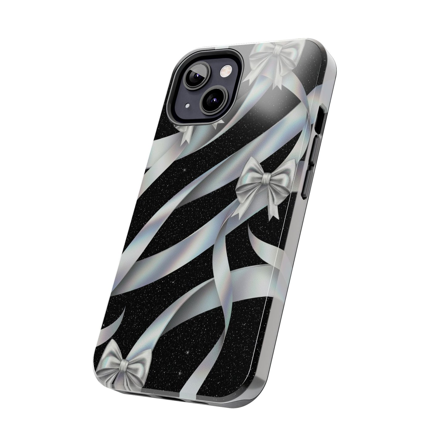 Silver Ribbon Bow Tough Phone Case — Glitter Black Protective Phone Case