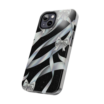 Silver Ribbon Bow Tough Phone Case — Glitter Black Protective Phone Case