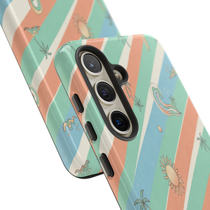 Retro Beach Stripes Phone Case — Sun, Waves & Palm Pattern Tough Case