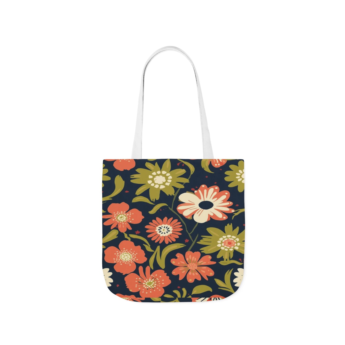 Floral Canvas Tote Bag — Retro Orange & Olive Flower Pattern