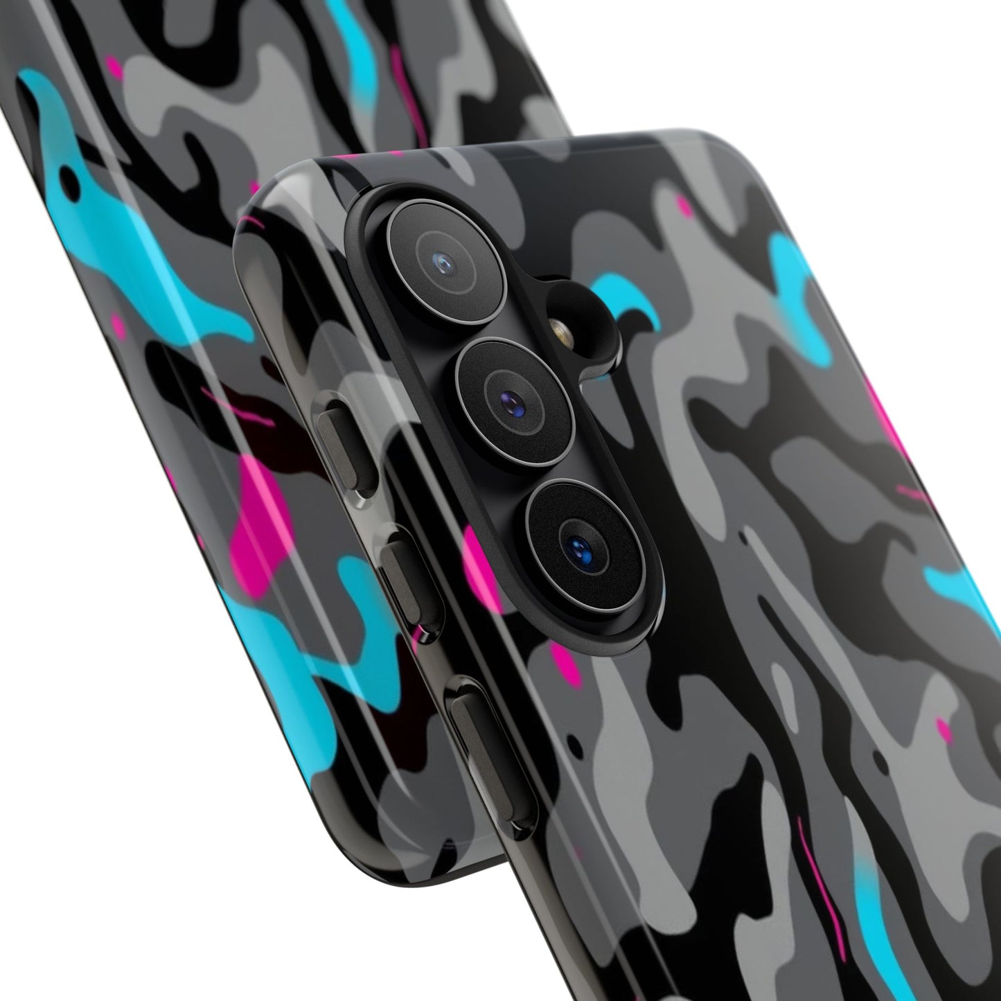 Camouflage Phone Case — Gray Camo with Neon Pink & Cyan Accent Tough Protective Cover