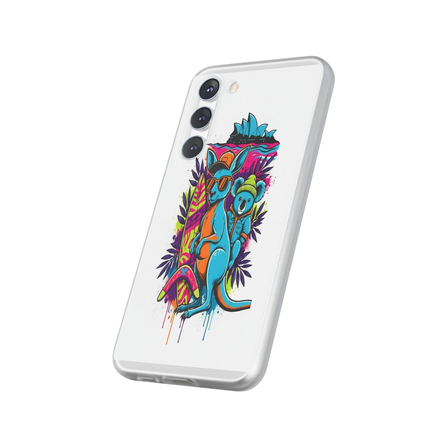 Kangaroo & Koala Surf Phone Case — Neon Aussie Beach Vibes Flexible Case