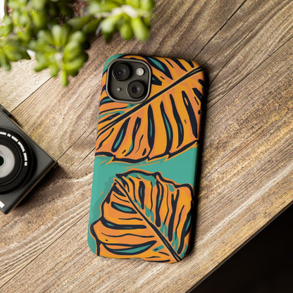 Tropical Leaf Tough Phone Case — Orange Monstera Design on Teal