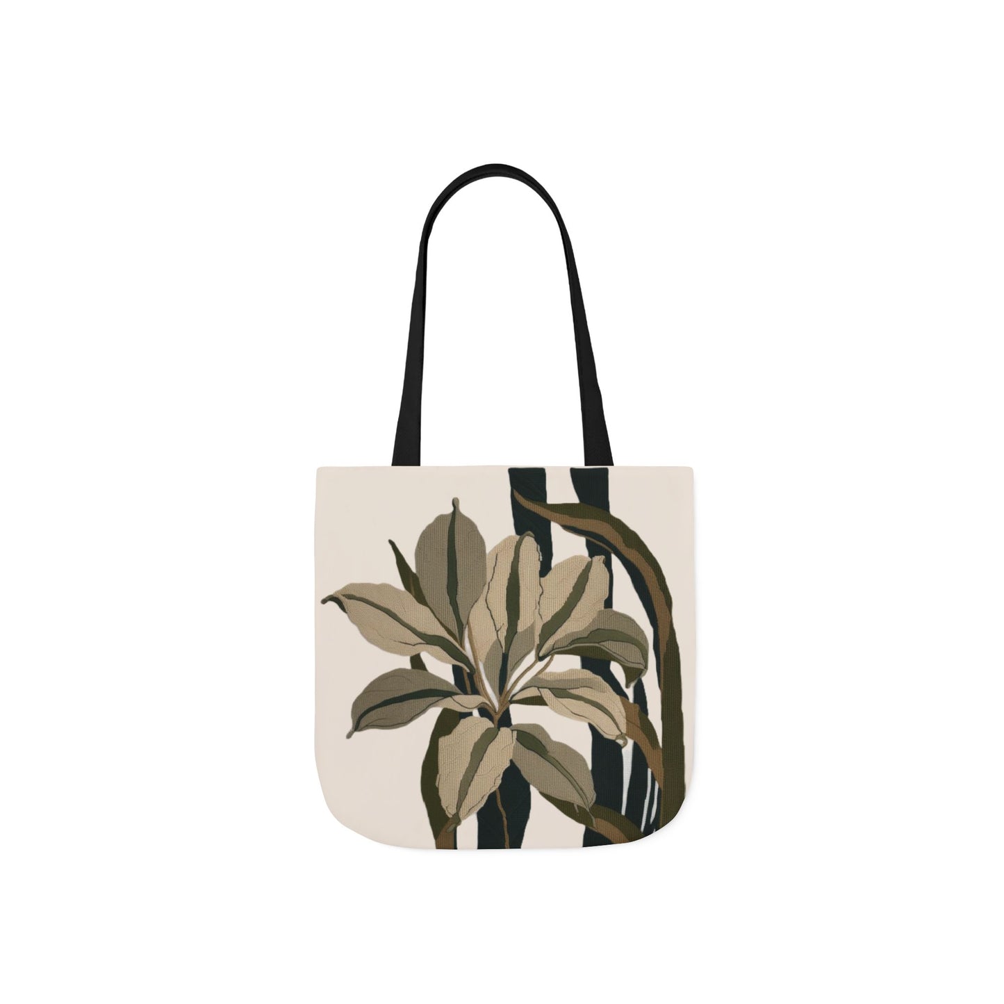 Botanical Stripe Canvas Tote — Neutral Leaf Print Tote Bag