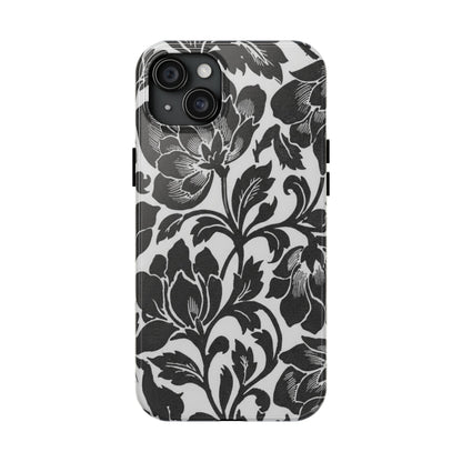 Tough Phone Case — Black & White Vintage Floral Protective Cover