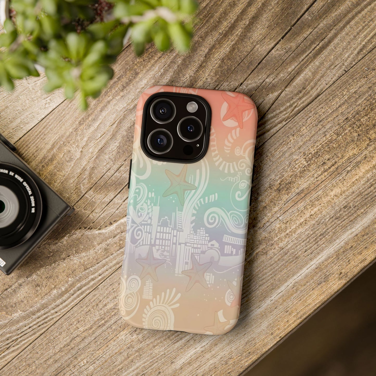 Tough Cases: Pastel Beach Pattern Phone Case — Starfish & Coastal Cityscape Protective Cover
