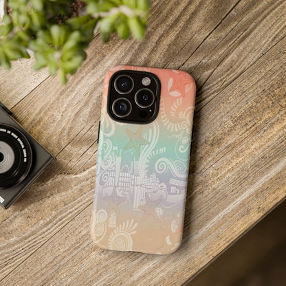 Tough Cases: Pastel Beach Pattern Phone Case — Starfish & Coastal Cityscape Protective Cover