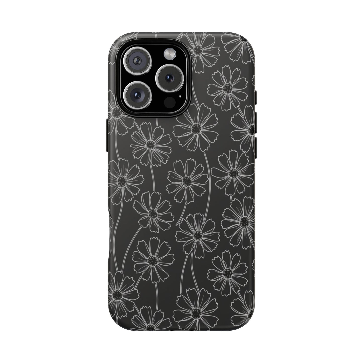 Floral Doodle Tough Phone Case — Black & Gray Daisy Pattern