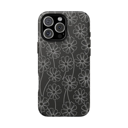 Floral Doodle Tough Phone Case — Black & Gray Daisy Pattern