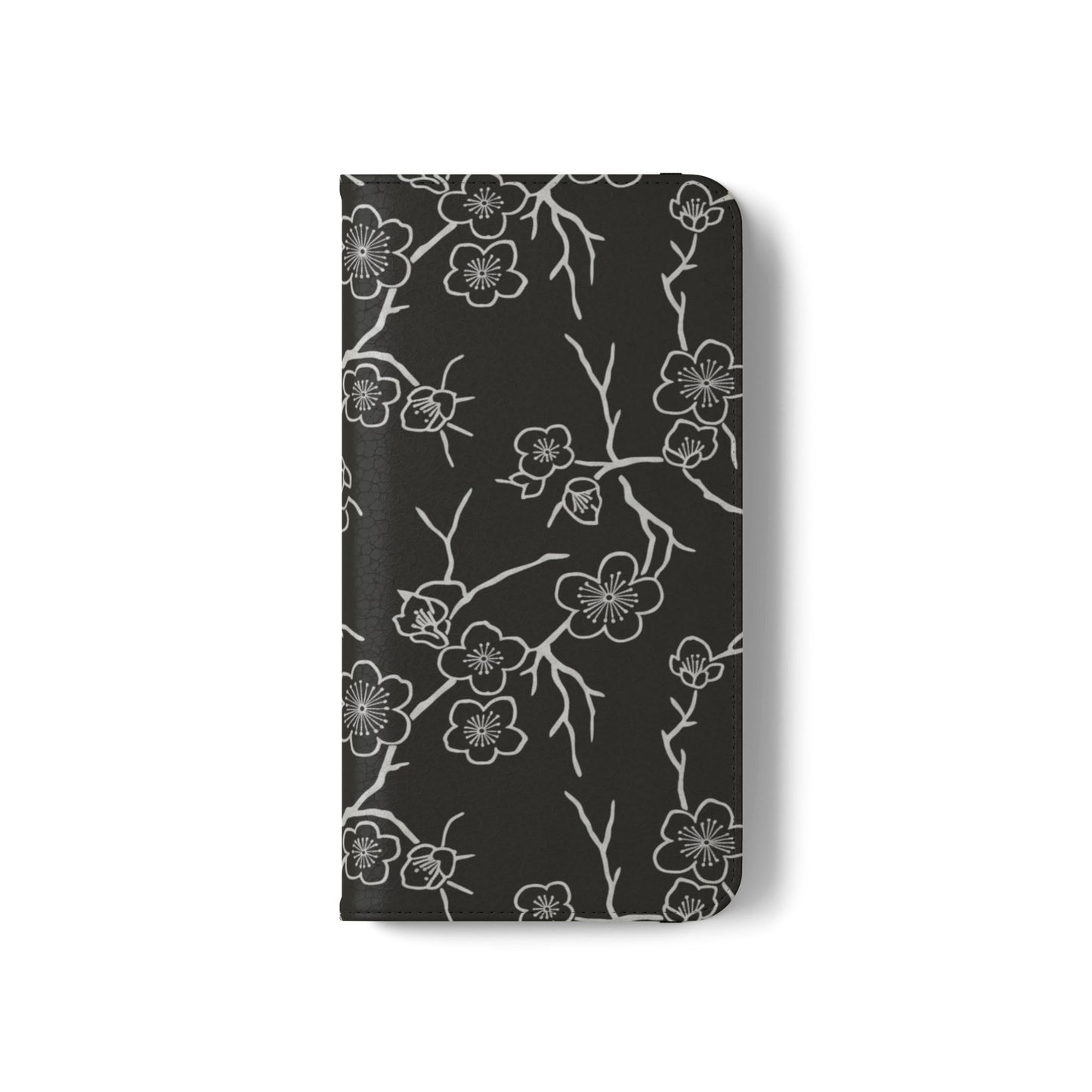 Black Cherry Blossom Flip Phone Case – Floral Wallet Flip Case with Card Slots