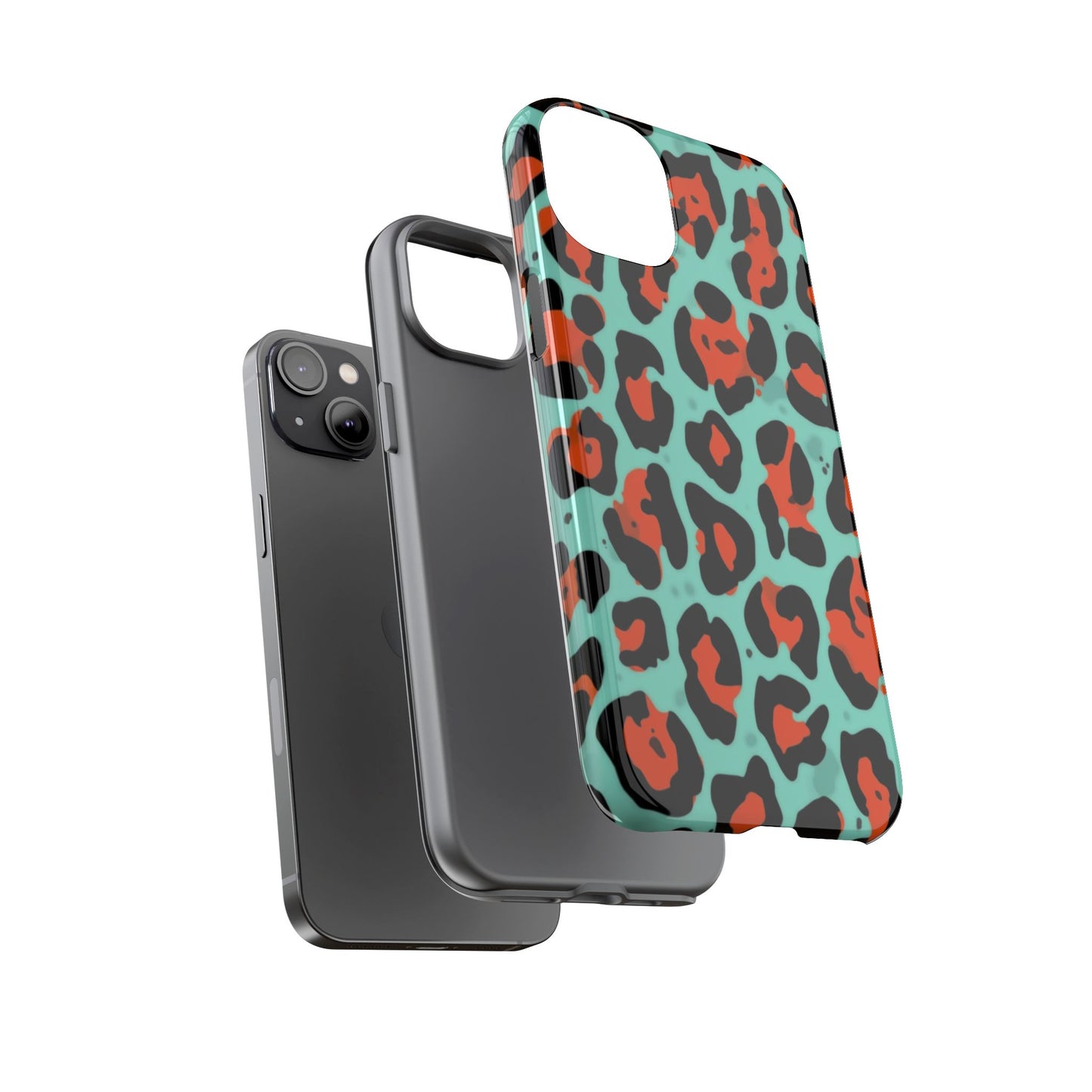 Leopard Print Tough Phone Case — Teal & Rust Protective iPhone Cover