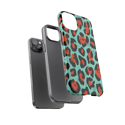 Leopard Print Tough Phone Case — Teal & Rust Protective iPhone Cover