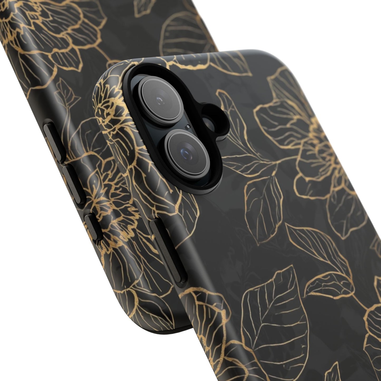 Floral Gold Outline Tough Phone Case – Black Botanical Protective Cover