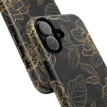Floral Gold Outline Tough Phone Case – Black Botanical Protective Cover
