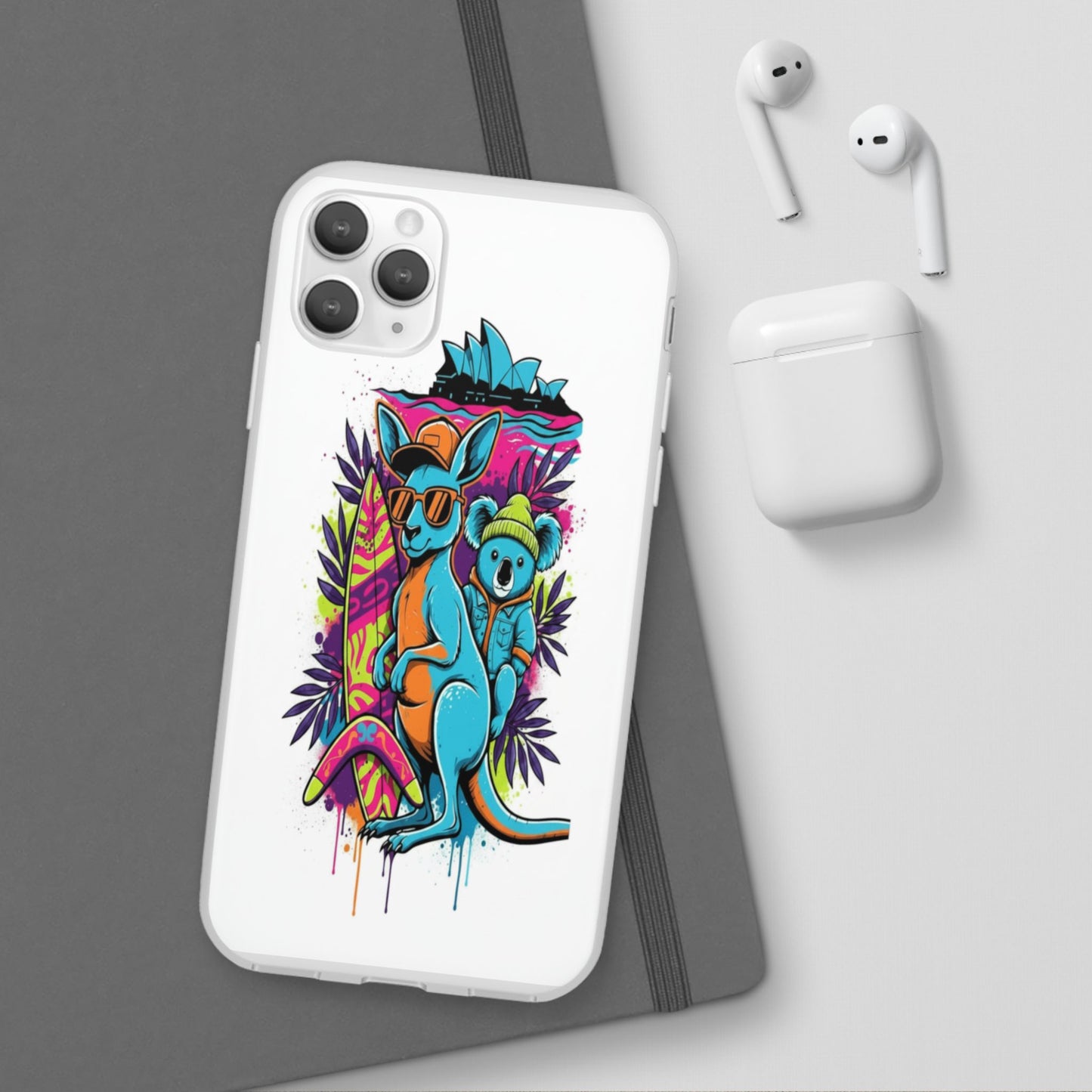 Kangaroo & Koala Surf Phone Case — Neon Aussie Beach Vibes Flexible Case