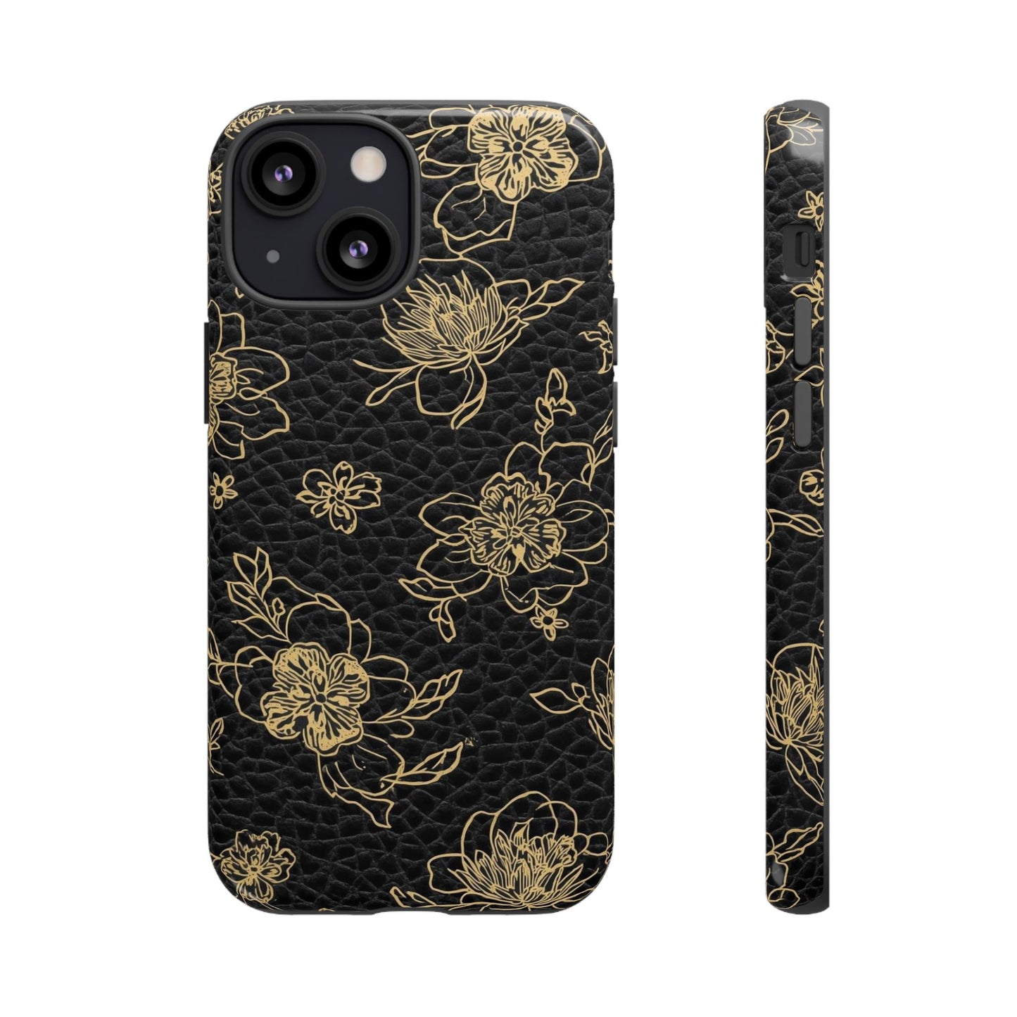 Floral Leather Phone Case — Gold Outline Flowers on Black Tough Case