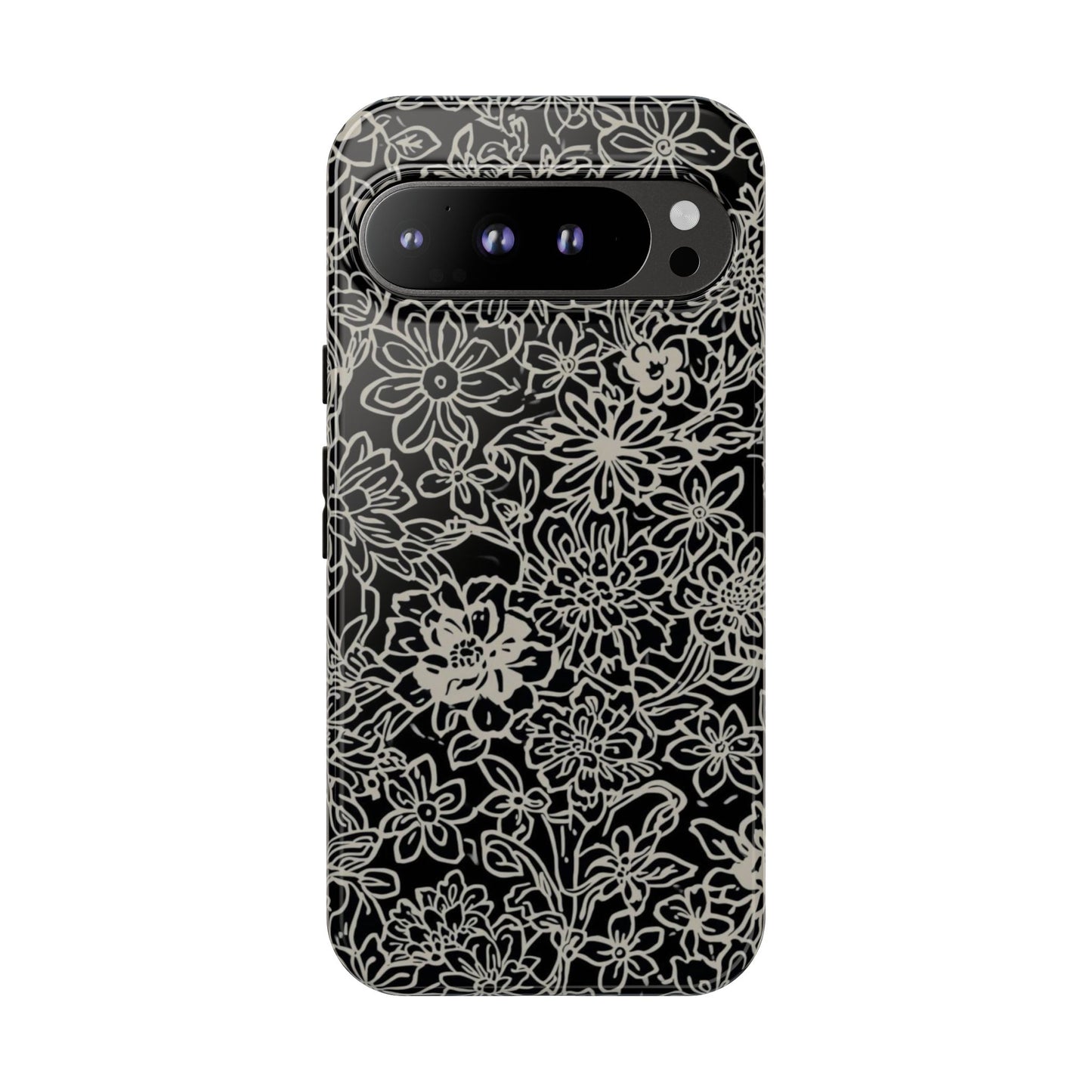 Floral Doodle Tough Phone Case — Black & White Sketch Flower Protective Cover