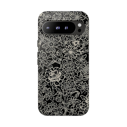 Floral Doodle Tough Phone Case — Black & White Sketch Flower Protective Cover