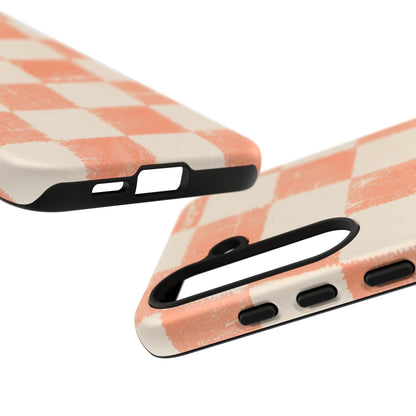 Peach Checkerboard Tough Phone Case — Retro Distressed Grid Design