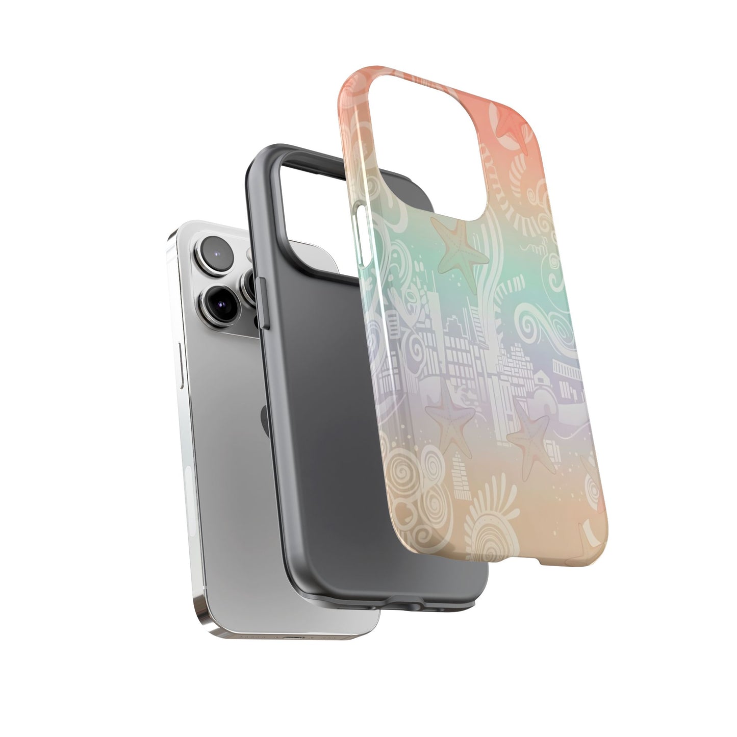Tough Cases: Pastel Beach Pattern Phone Case — Starfish & Coastal Cityscape Protective Cover