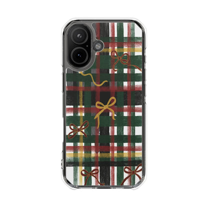 Phone Case - Festive Plaid with Gold Bows Clear Magnetic Impact Case