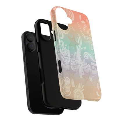Tough Cases: Pastel Beach Pattern Phone Case — Starfish & Coastal Cityscape Protective Cover