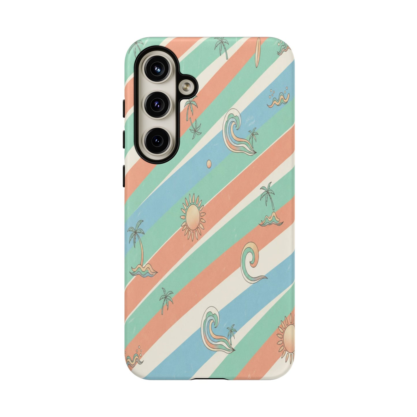 Retro Beach Stripes Phone Case — Sun, Waves & Palm Pattern Tough Case