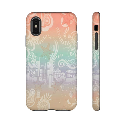 Tough Cases: Pastel Beach Pattern Phone Case — Starfish & Coastal Cityscape Protective Cover