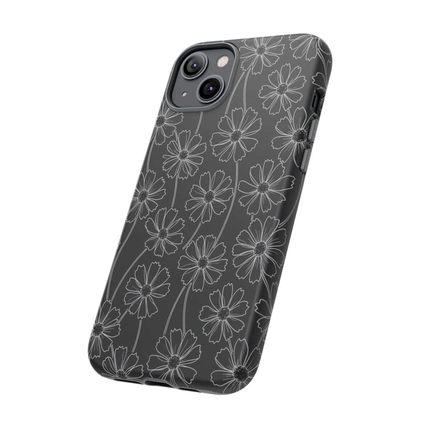 Floral Doodle Tough Phone Case — Black & Gray Daisy Pattern