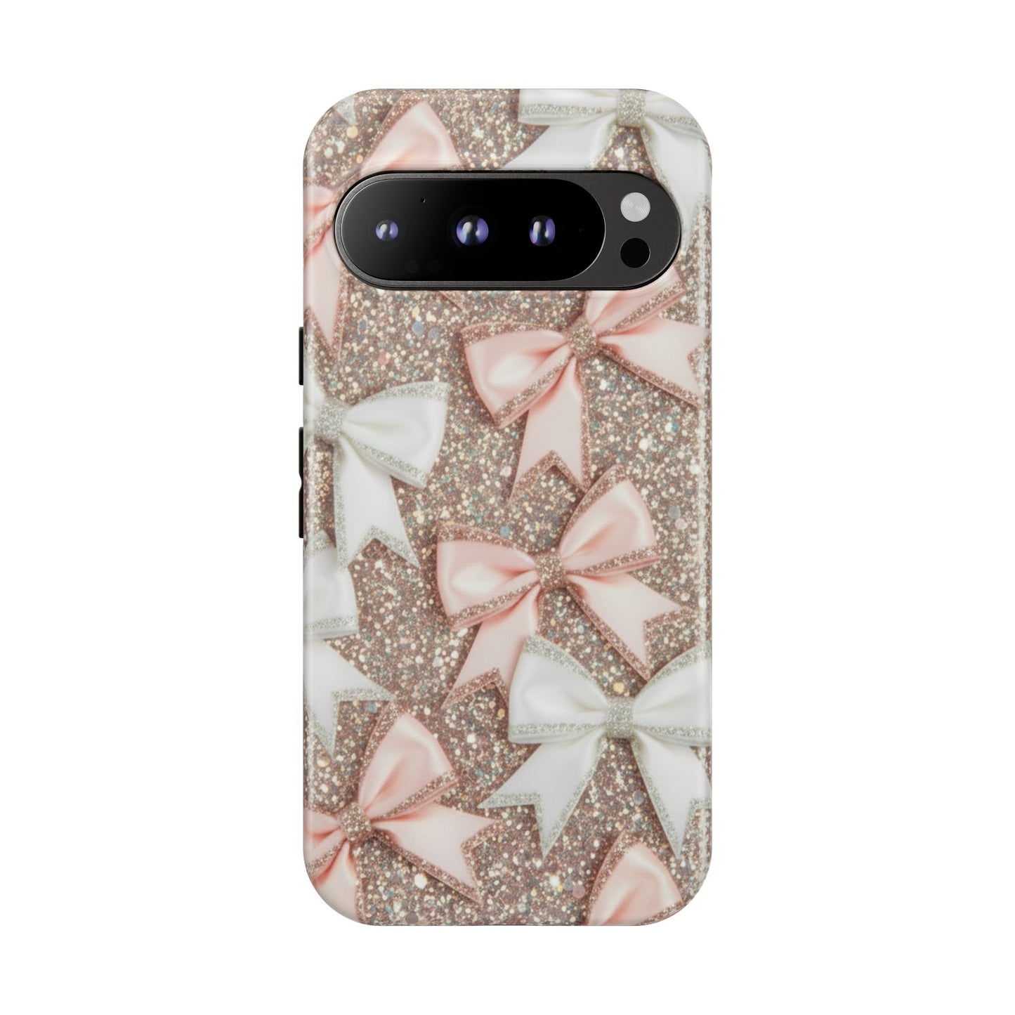 Glitter Bow Tough Phone Case — Pink & White Ribbon Protective Cover