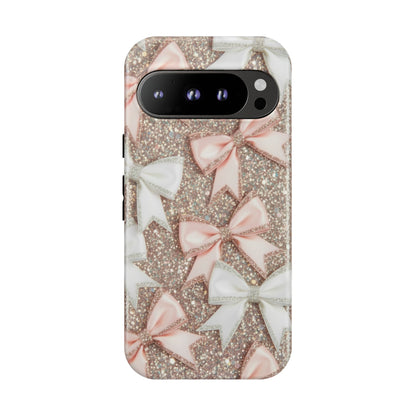 Glitter Bow Tough Phone Case — Pink & White Ribbon Protective Cover