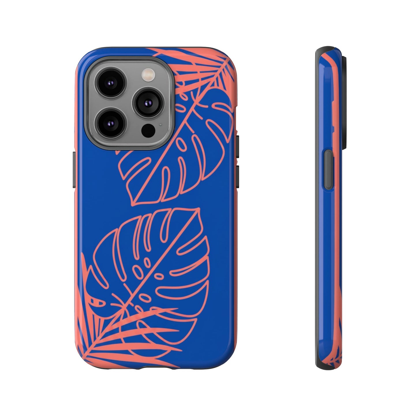Tropical Monstera Phone Case — Blue & Coral Leaf Protective Cover