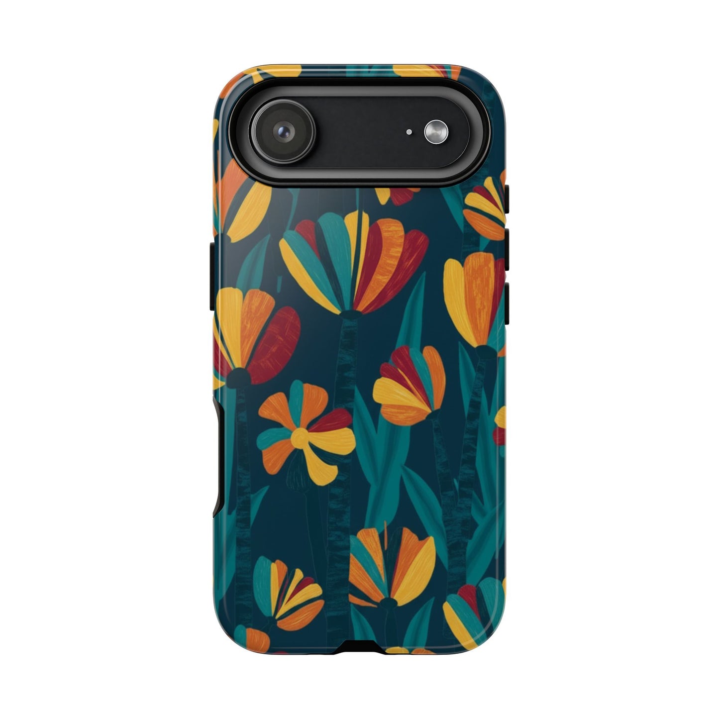 Floral Retro Teal Tough Phone Case — Vibrant Orange & Mustard Blooms